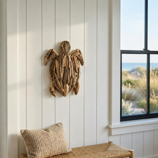 Wooden Driftwood Turtle Sculpture – Relaxed Coastal Room Decor Accent, Living Room or Patio Wall Display, Organic Texture and Artful Home Decor Silhouette – 16"x 22"x 3", Brown