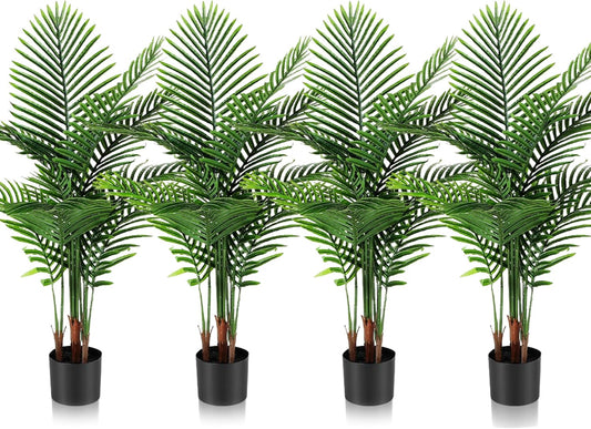4 Pack Artificial Palm Trees 4Ft 5Ft, Fake Plants Fake Trees Artificial Areca Palm Plants for Outdoor Indoor Faux Tree in Pot for Pool Home Office Housewarming Gift Modern Decoration
