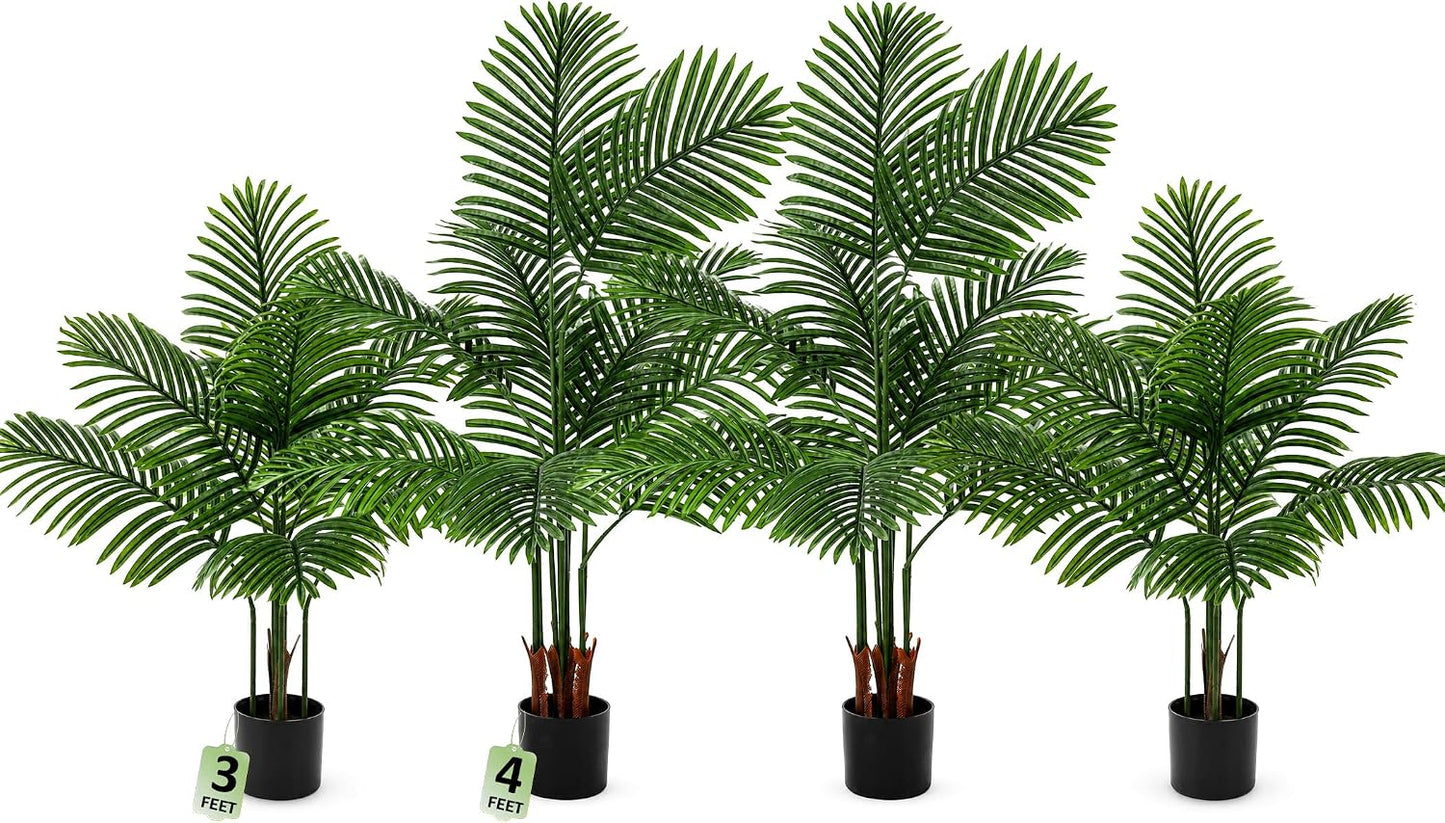 4 Pack Artificial Palm Trees 4Ft 5Ft, Fake Plants Fake Trees Artificial Areca Palm Plants for Outdoor Indoor Faux Tree in Pot for Pool Home Office Housewarming Gift Modern Decoration