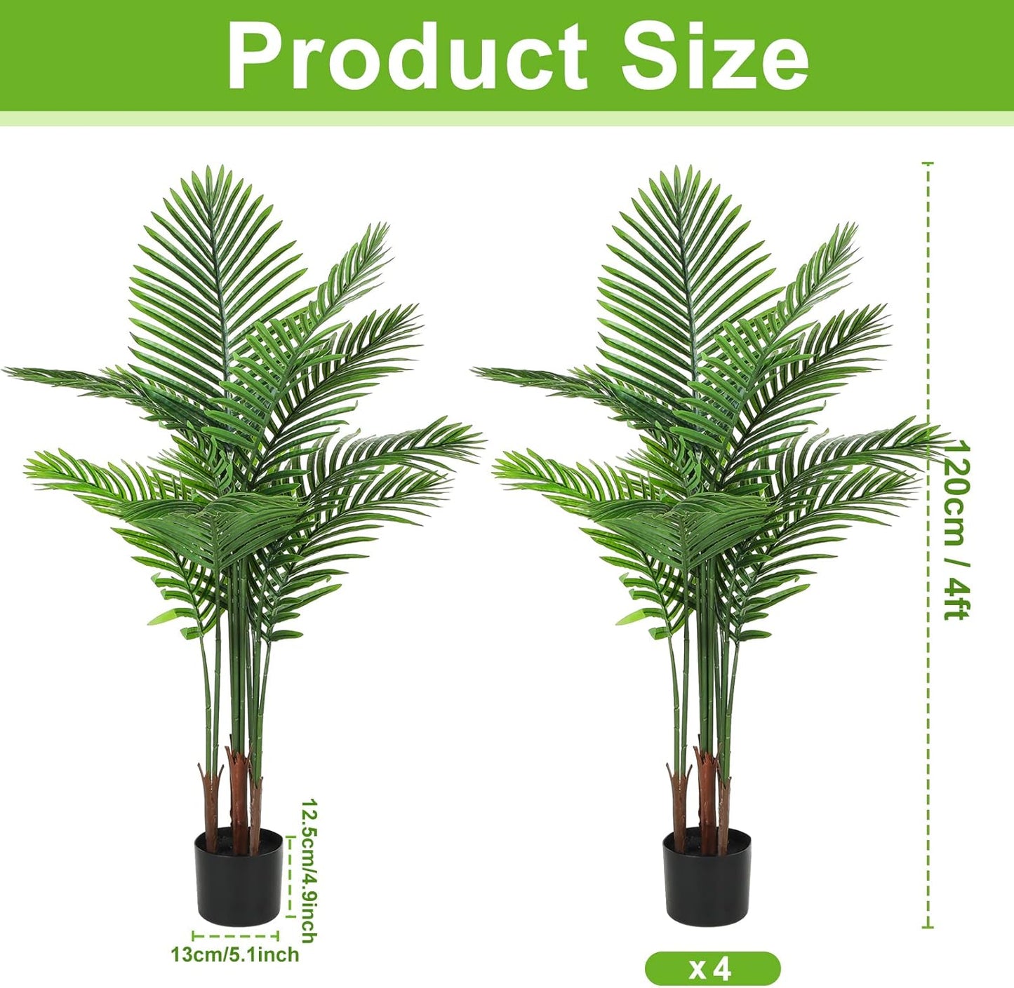 4 Pack Artificial Palm Trees 4Ft 5Ft, Fake Plants Fake Trees Artificial Areca Palm Plants for Outdoor Indoor Faux Tree in Pot for Pool Home Office Housewarming Gift Modern Decoration