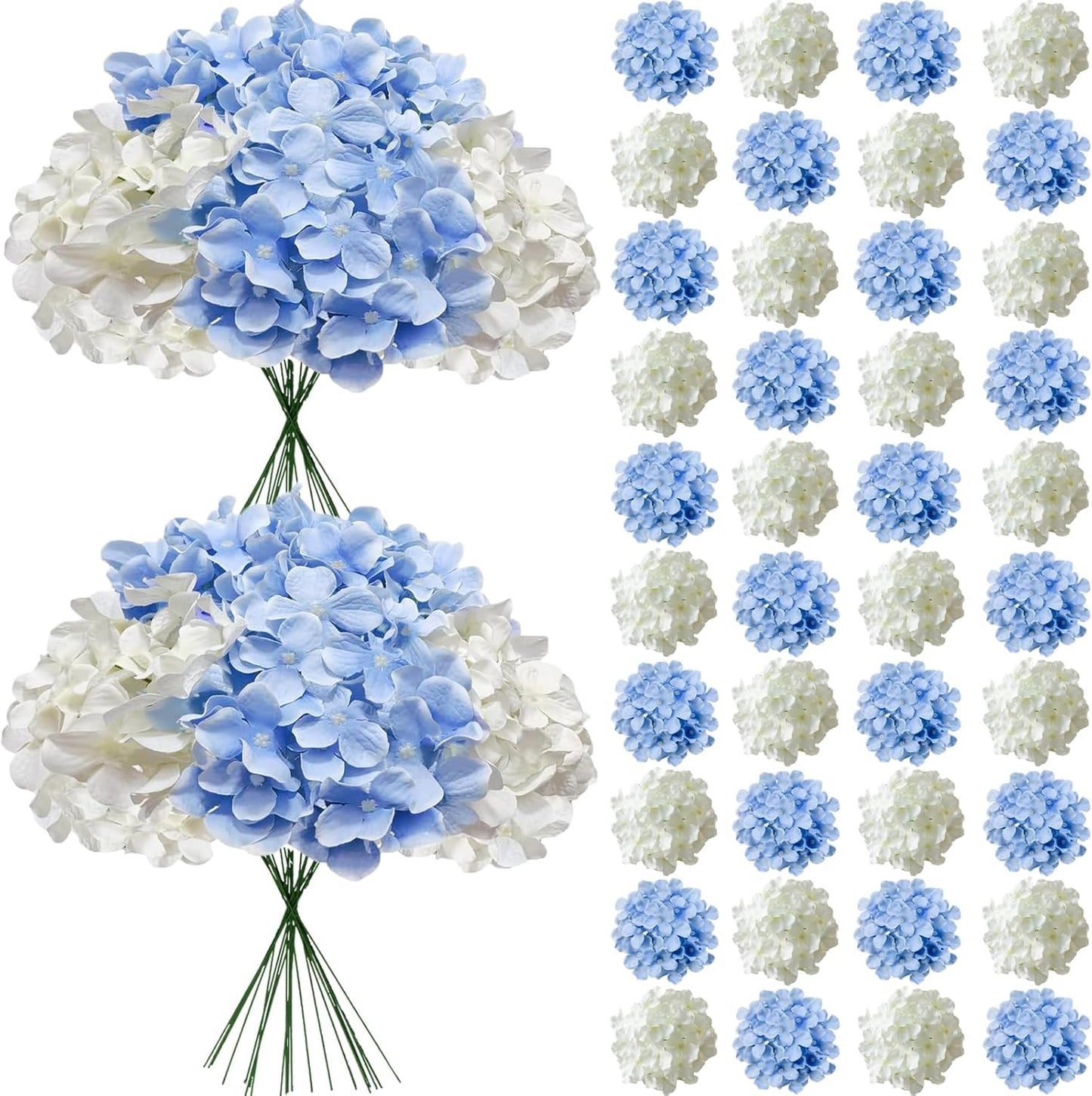 50 Pcs Faux White Blue Hydrangea Artificial Flowers Bulk, Fake Silk Hydrangea Flowers Heads with Stems for Wedding Decorations Garden Party Baby Shower Porch Home Decor Table Centerpieces