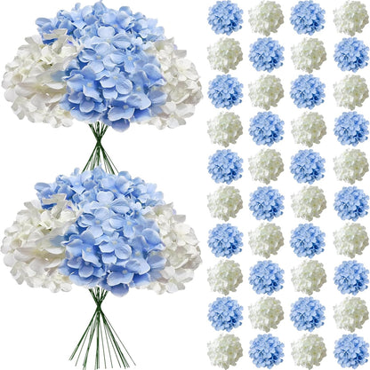 50 Pcs Faux White Blue Hydrangea Artificial Flowers Bulk, Fake Silk Hydrangea Flowers Heads with Stems for Wedding Decorations Garden Party Baby Shower Porch Home Decor Table Centerpieces