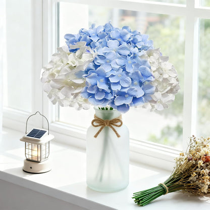 50 Pcs Faux White Blue Hydrangea Artificial Flowers Bulk, Fake Silk Hydrangea Flowers Heads with Stems for Wedding Decorations Garden Party Baby Shower Porch Home Decor Table Centerpieces