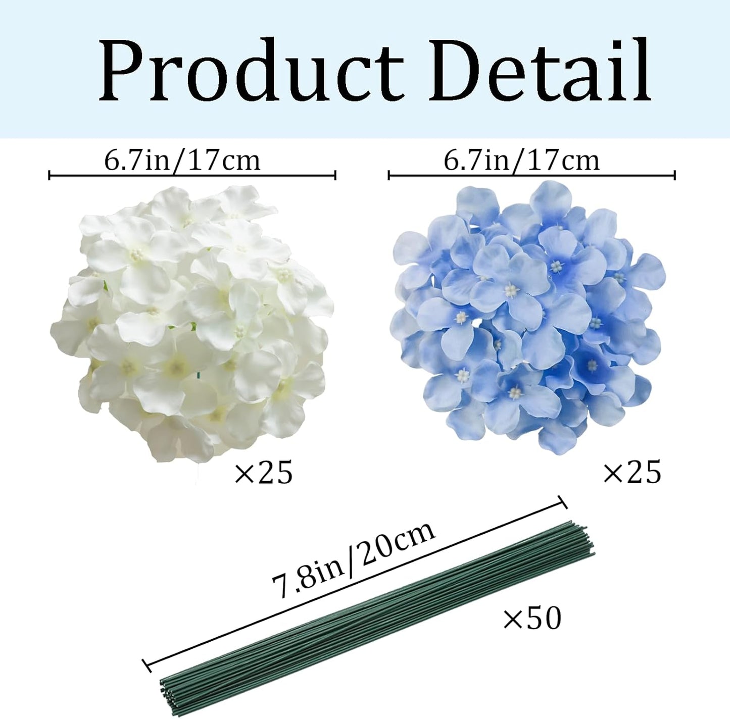 50 Pcs Faux White Blue Hydrangea Artificial Flowers Bulk, Fake Silk Hydrangea Flowers Heads with Stems for Wedding Decorations Garden Party Baby Shower Porch Home Decor Table Centerpieces