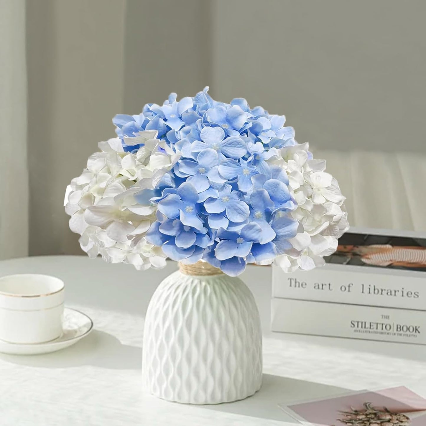 50 Pcs Faux White Blue Hydrangea Artificial Flowers Bulk, Fake Silk Hydrangea Flowers Heads with Stems for Wedding Decorations Garden Party Baby Shower Porch Home Decor Table Centerpieces
