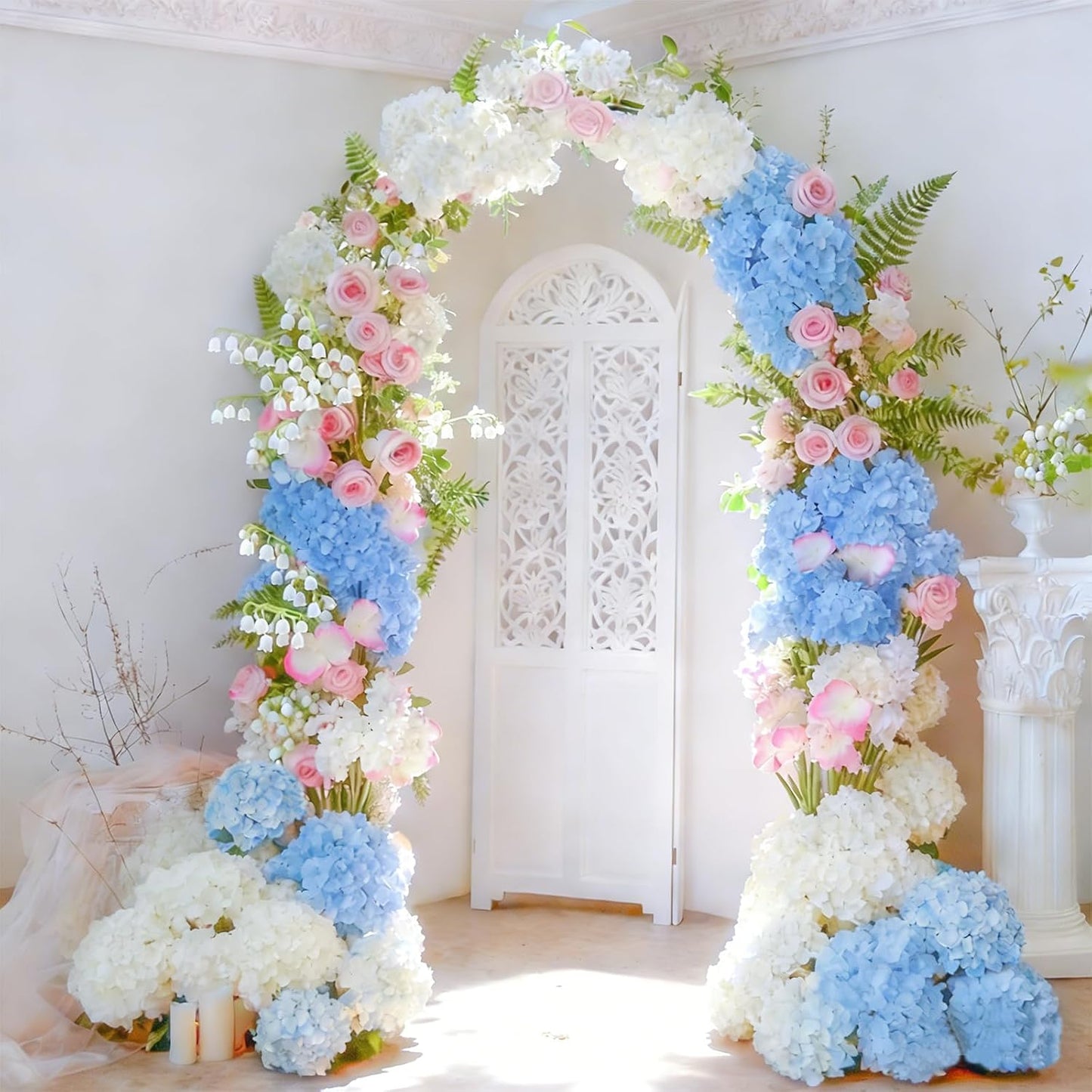 50 Pcs Faux White Blue Hydrangea Artificial Flowers Bulk, Fake Silk Hydrangea Flowers Heads with Stems for Wedding Decorations Garden Party Baby Shower Porch Home Decor Table Centerpieces