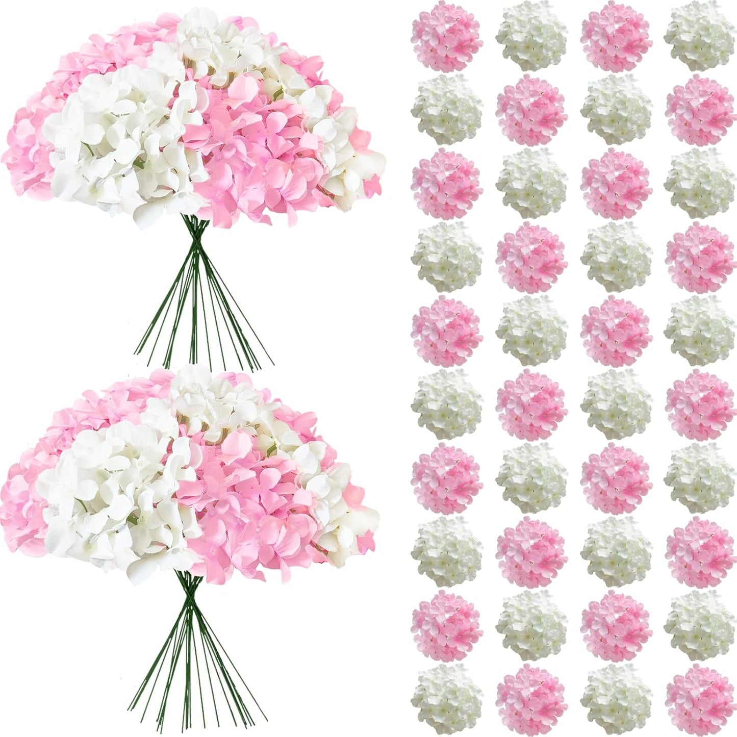50 Pcs Faux White Blue Hydrangea Artificial Flowers Bulk, Fake Silk Hydrangea Flowers Heads with Stems for Wedding Decorations Garden Party Baby Shower Porch Home Decor Table Centerpieces