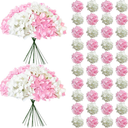 50 Pcs Faux White Blue Hydrangea Artificial Flowers Bulk, Fake Silk Hydrangea Flowers Heads with Stems for Wedding Decorations Garden Party Baby Shower Porch Home Decor Table Centerpieces