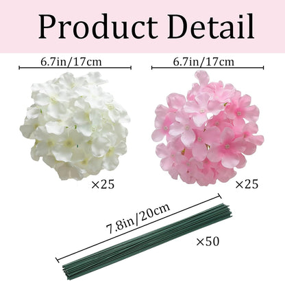 50 Pcs Faux White Blue Hydrangea Artificial Flowers Bulk, Fake Silk Hydrangea Flowers Heads with Stems for Wedding Decorations Garden Party Baby Shower Porch Home Decor Table Centerpieces