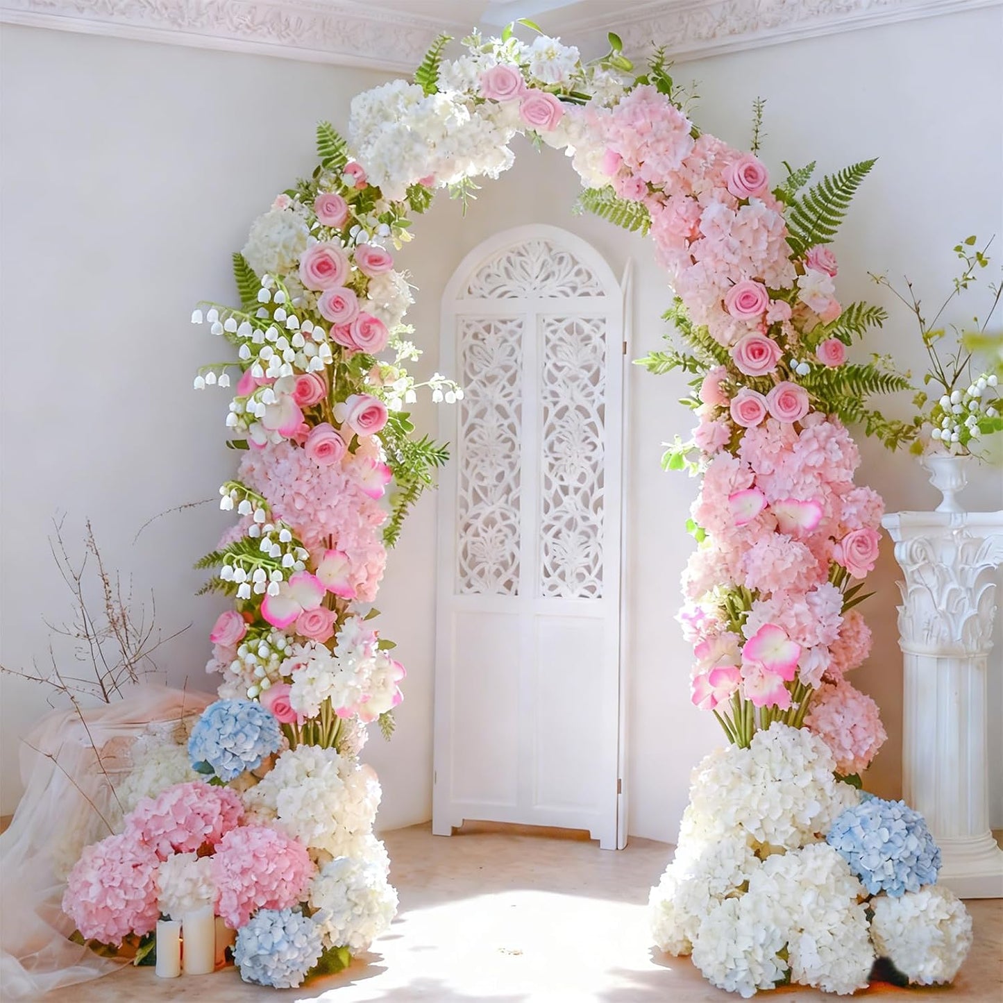 50 Pcs Faux White Blue Hydrangea Artificial Flowers Bulk, Fake Silk Hydrangea Flowers Heads with Stems for Wedding Decorations Garden Party Baby Shower Porch Home Decor Table Centerpieces