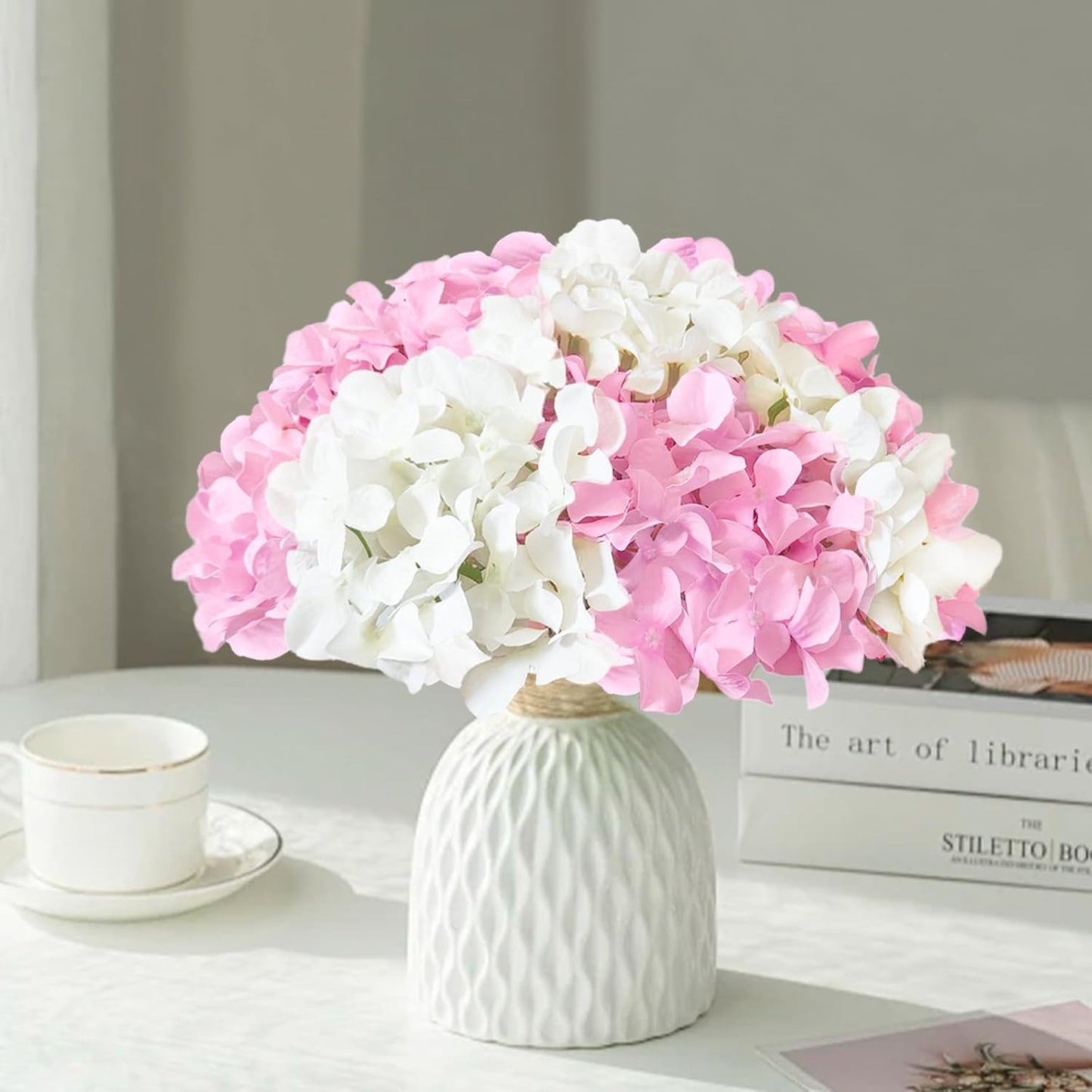 50 Pcs Faux White Blue Hydrangea Artificial Flowers Bulk, Fake Silk Hydrangea Flowers Heads with Stems for Wedding Decorations Garden Party Baby Shower Porch Home Decor Table Centerpieces