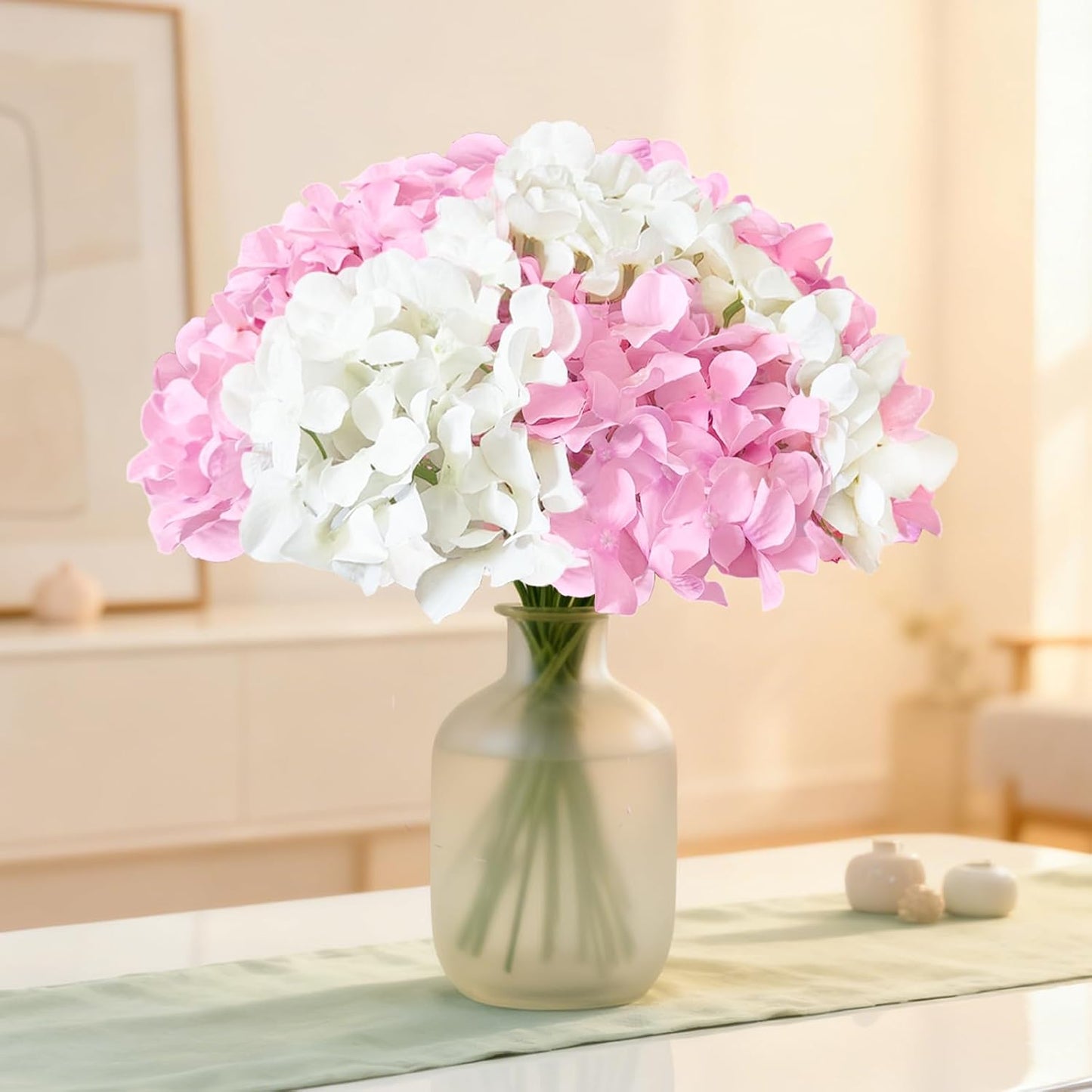 50 Pcs Faux White Blue Hydrangea Artificial Flowers Bulk, Fake Silk Hydrangea Flowers Heads with Stems for Wedding Decorations Garden Party Baby Shower Porch Home Decor Table Centerpieces