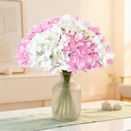 50 Pcs Faux White Blue Hydrangea Artificial Flowers Bulk, Fake Silk Hydrangea Flowers Heads with Stems for Wedding Decorations Garden Party Baby Shower Porch Home Decor Table Centerpieces