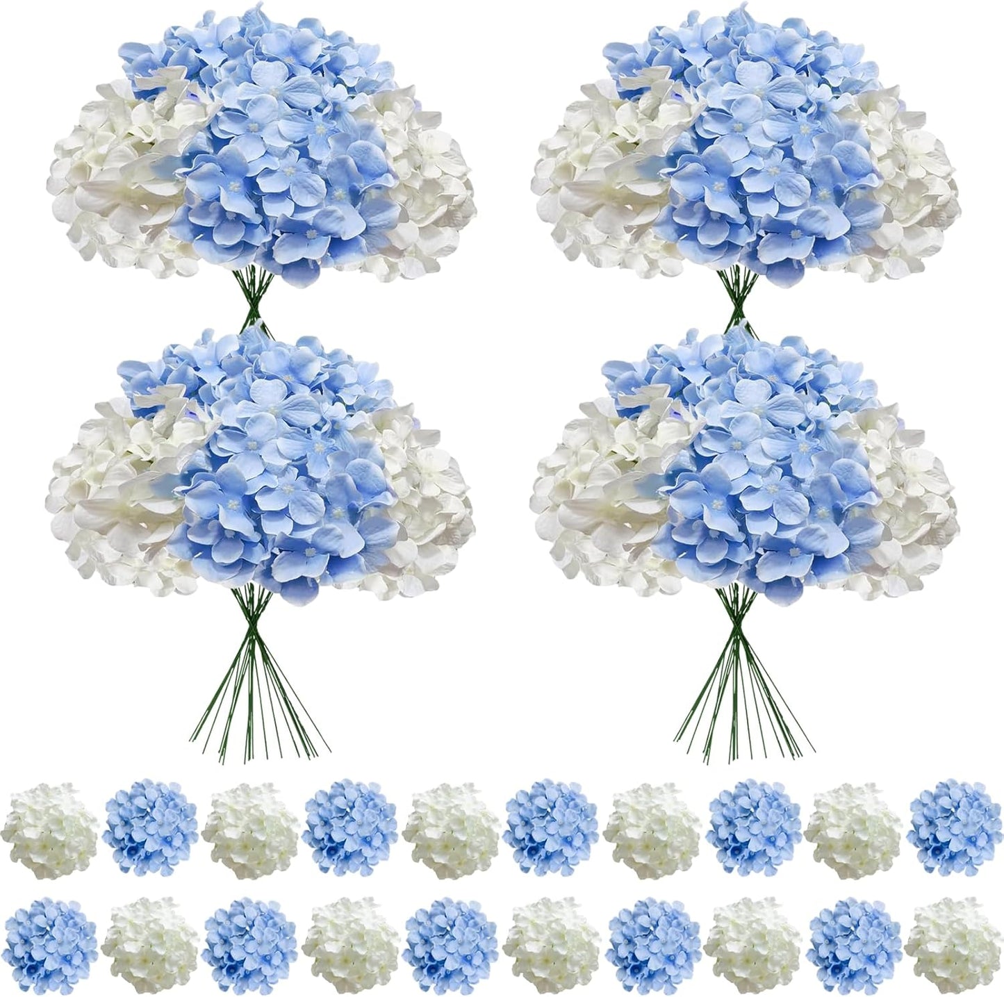 50 Pcs Faux White Blue Hydrangea Artificial Flowers Bulk, Fake Silk Hydrangea Flowers Heads with Stems for Wedding Decorations Garden Party Baby Shower Porch Home Decor Table Centerpieces