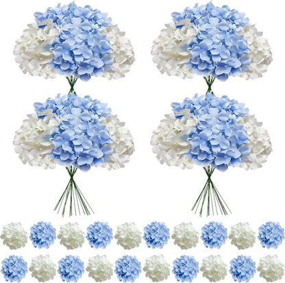 50 Pcs Faux White Blue Hydrangea Artificial Flowers Bulk, Fake Silk Hydrangea Flowers Heads with Stems for Wedding Decorations Garden Party Baby Shower Porch Home Decor Table Centerpieces