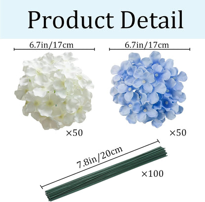 50 Pcs Faux White Blue Hydrangea Artificial Flowers Bulk, Fake Silk Hydrangea Flowers Heads with Stems for Wedding Decorations Garden Party Baby Shower Porch Home Decor Table Centerpieces