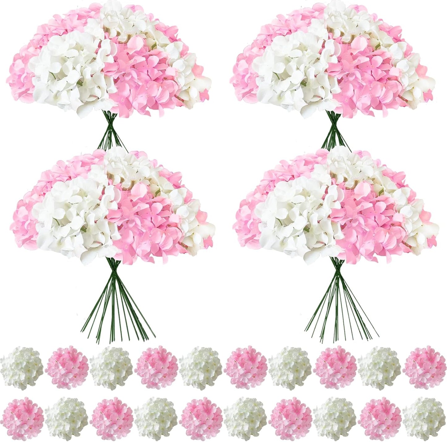 50 Pcs Faux White Blue Hydrangea Artificial Flowers Bulk, Fake Silk Hydrangea Flowers Heads with Stems for Wedding Decorations Garden Party Baby Shower Porch Home Decor Table Centerpieces