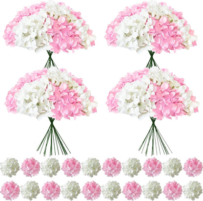 50 Pcs Faux White Blue Hydrangea Artificial Flowers Bulk, Fake Silk Hydrangea Flowers Heads with Stems for Wedding Decorations Garden Party Baby Shower Porch Home Decor Table Centerpieces