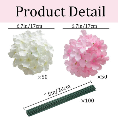 50 Pcs Faux White Blue Hydrangea Artificial Flowers Bulk, Fake Silk Hydrangea Flowers Heads with Stems for Wedding Decorations Garden Party Baby Shower Porch Home Decor Table Centerpieces