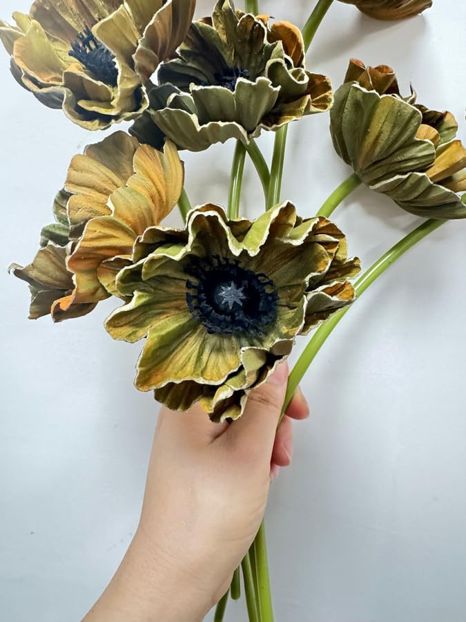 8 Stem 13" Artificial Flowers Poppy Flowers with Stems,Real Touch Anemone PU Fake Wild Flowers Bulk for Kitchen Table Centerpiece Vase,Wedding Bouquets for Bride Bridesmaid Backdrop Arch Wall (white)