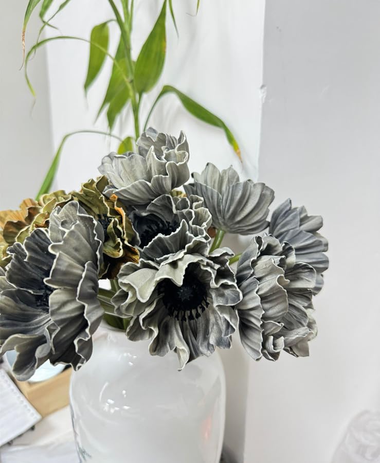8 Stem 13" Artificial Flowers Poppy Flowers with Stems,Real Touch Anemone PU Fake Wild Flowers Bulk for Kitchen Table Centerpiece Vase,Wedding Bouquets for Bride Bridesmaid Backdrop Arch Wall (white)