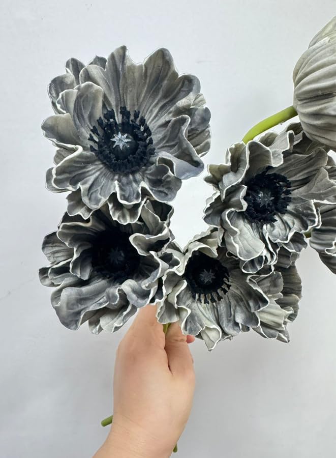 8 Stem 13" Artificial Flowers Poppy Flowers with Stems,Real Touch Anemone PU Fake Wild Flowers Bulk for Kitchen Table Centerpiece Vase,Wedding Bouquets for Bride Bridesmaid Backdrop Arch Wall (white)