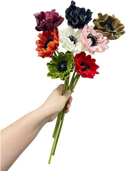 8 Stem 13" Artificial Flowers Poppy Flowers with Stems,Real Touch Anemone PU Fake Wild Flowers Bulk for Kitchen Table Centerpiece Vase,Wedding Bouquets for Bride Bridesmaid Backdrop Arch Wall (white)