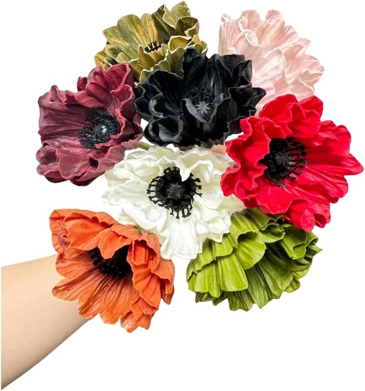 8 Stem 13" Artificial Flowers Poppy Flowers with Stems,Real Touch Anemone PU Fake Wild Flowers Bulk for Kitchen Table Centerpiece Vase,Wedding Bouquets for Bride Bridesmaid Backdrop Arch Wall (white)