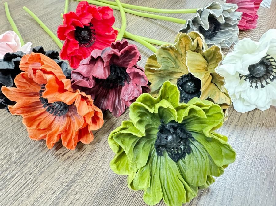 8 Stem 13" Artificial Flowers Poppy Flowers with Stems,Real Touch Anemone PU Fake Wild Flowers Bulk for Kitchen Table Centerpiece Vase,Wedding Bouquets for Bride Bridesmaid Backdrop Arch Wall (white)
