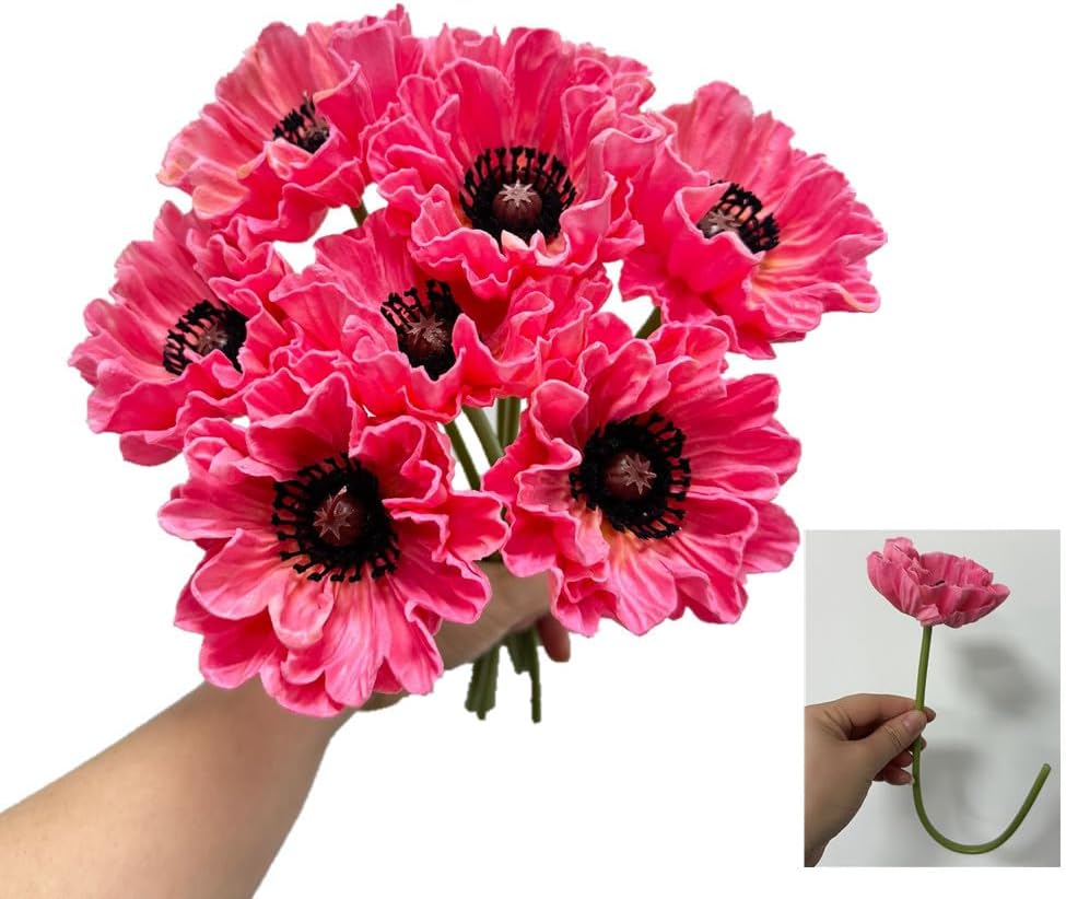 8 Stem 13" Artificial Flowers Poppy Flowers with Stems,Real Touch Anemone PU Fake Wild Flowers Bulk for Kitchen Table Centerpiece Vase,Wedding Bouquets for Bride Bridesmaid Backdrop Arch Wall (white)