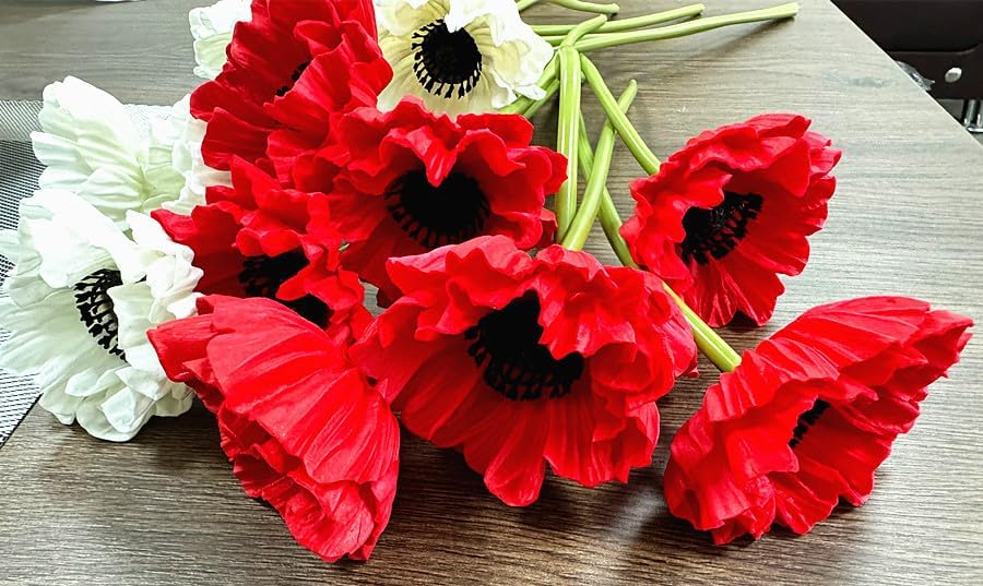 8 Stem 13" Artificial Flowers Poppy Flowers with Stems,Real Touch Anemone PU Fake Wild Flowers Bulk for Kitchen Table Centerpiece Vase,Wedding Bouquets for Bride Bridesmaid Backdrop Arch Wall (white)