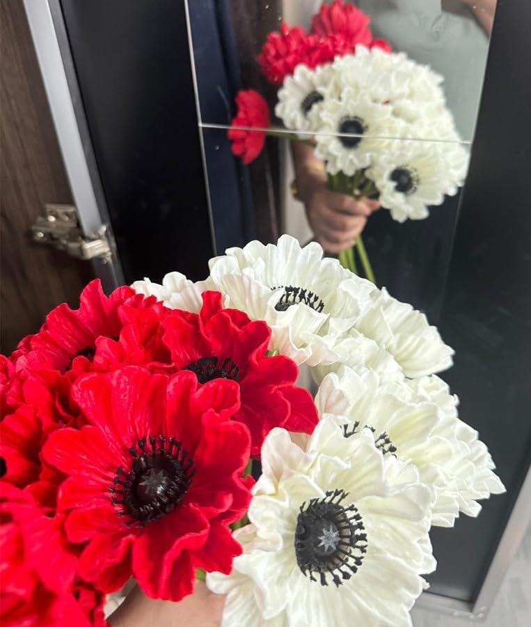 8 Stem 13" Artificial Flowers Poppy Flowers with Stems,Real Touch Anemone PU Fake Wild Flowers Bulk for Kitchen Table Centerpiece Vase,Wedding Bouquets for Bride Bridesmaid Backdrop Arch Wall (white)