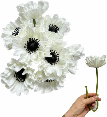 8 Stem 13" Artificial Flowers Poppy Flowers with Stems,Real Touch Anemone PU Fake Wild Flowers Bulk for Kitchen Table Centerpiece Vase,Wedding Bouquets for Bride Bridesmaid Backdrop Arch Wall (white)