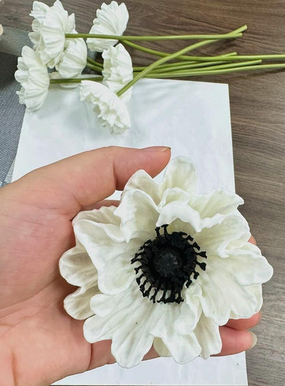 8 Stem 13" Artificial Flowers Poppy Flowers with Stems,Real Touch Anemone PU Fake Wild Flowers Bulk for Kitchen Table Centerpiece Vase,Wedding Bouquets for Bride Bridesmaid Backdrop Arch Wall (white)