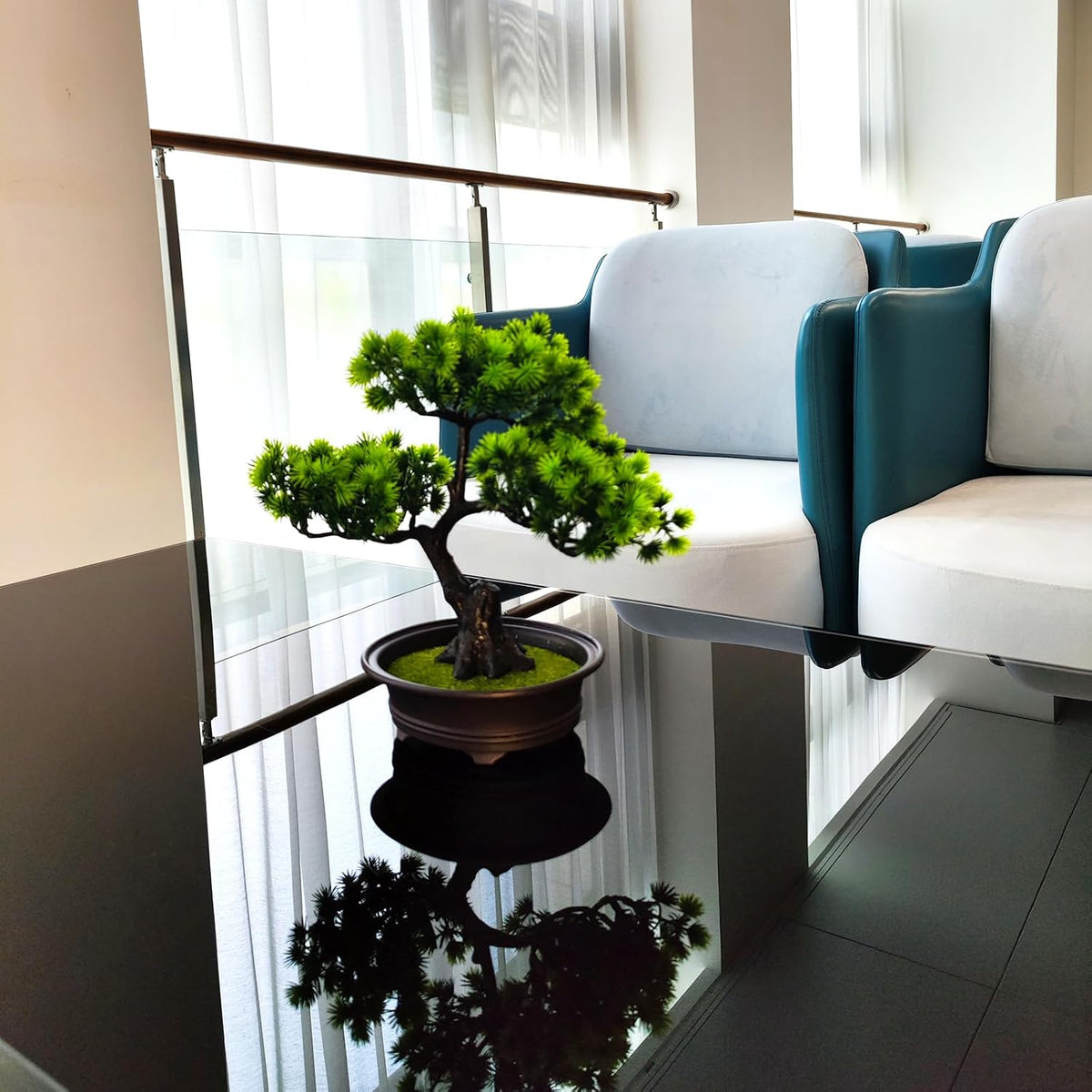 Artificial Bonsai Pine Tree Fake Desk Plants Commercial Reception Charm Adornment Home Decor Office Bookshelf Decor (Green)
