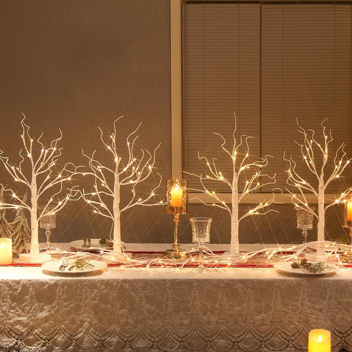 Christmas Tree Decorations, White Birch Tree with LED Lights- Set of 4, Warm White Small Tree Lights Battery Powered/USB, Timer Lighted Tree for Home Wedding Indoor Outdoor Decor (2 FT)