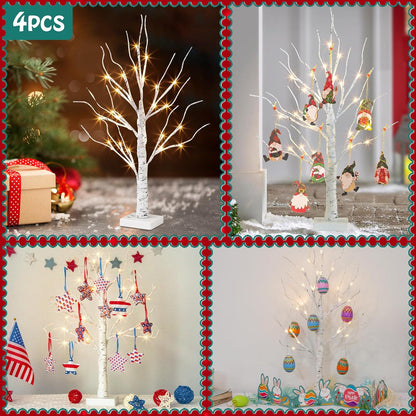 Christmas Tree Decorations, White Birch Tree with LED Lights- Set of 4, Warm White Small Tree Lights Battery Powered/USB, Timer Lighted Tree for Home Wedding Indoor Outdoor Decor (2 FT)