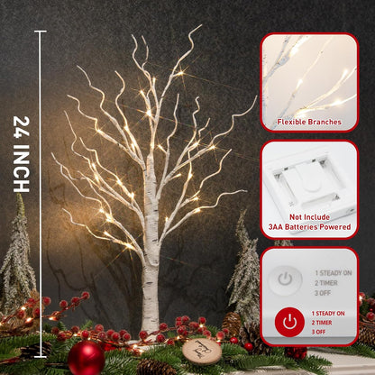 Christmas Tree Decorations, White Birch Tree with LED Lights- Set of 4, Warm White Small Tree Lights Battery Powered/USB, Timer Lighted Tree for Home Wedding Indoor Outdoor Decor (2 FT)