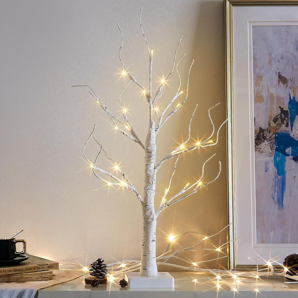 Christmas Tree Decorations, White Birch Tree with LED Lights- Set of 4, Warm White Small Tree Lights Battery Powered/USB, Timer Lighted Tree for Home Wedding Indoor Outdoor Decor (2 FT)