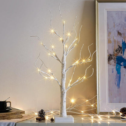 Christmas Tree Decorations, White Birch Tree with LED Lights- Set of 4, Warm White Small Tree Lights Battery Powered/USB, Timer Lighted Tree for Home Wedding Indoor Outdoor Decor (2 FT)