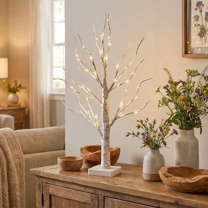 Christmas Tree Decorations, White Birch Tree with LED Lights- Set of 4, Warm White Small Tree Lights Battery Powered/USB, Timer Lighted Tree for Home Wedding Indoor Outdoor Decor (2 FT)