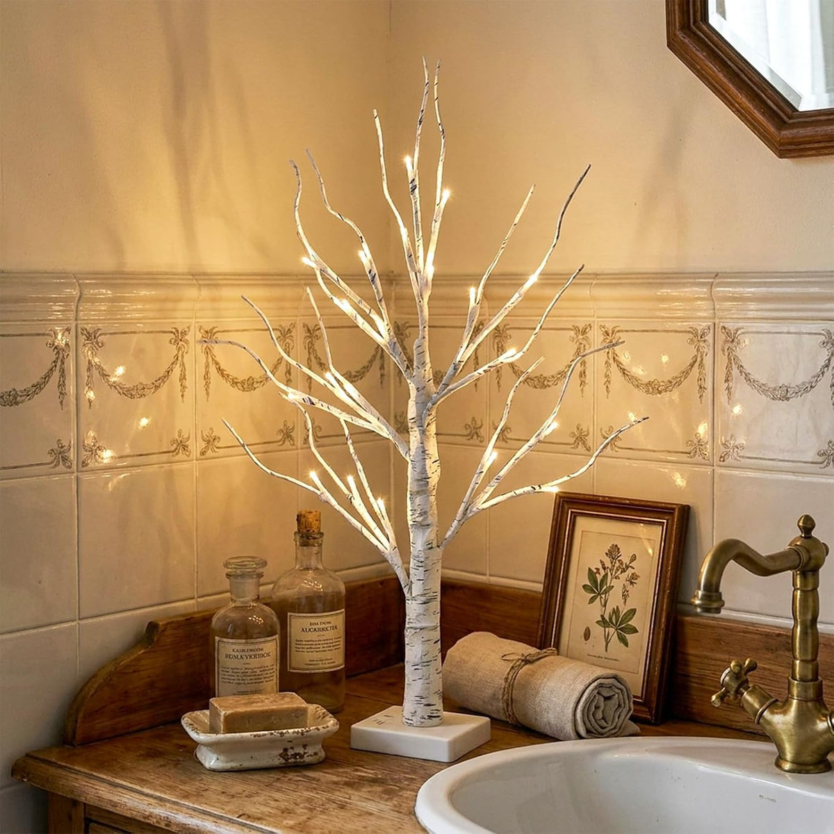 Christmas Tree Decorations, White Birch Tree with LED Lights- Set of 4, Warm White Small Tree Lights Battery Powered/USB, Timer Lighted Tree for Home Wedding Indoor Outdoor Decor (2 FT)