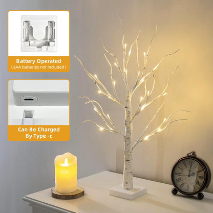 Christmas Tree Decorations, White Birch Tree with LED Lights- Set of 4, Warm White Small Tree Lights Battery Powered/USB, Timer Lighted Tree for Home Wedding Indoor Outdoor Decor (2 FT)