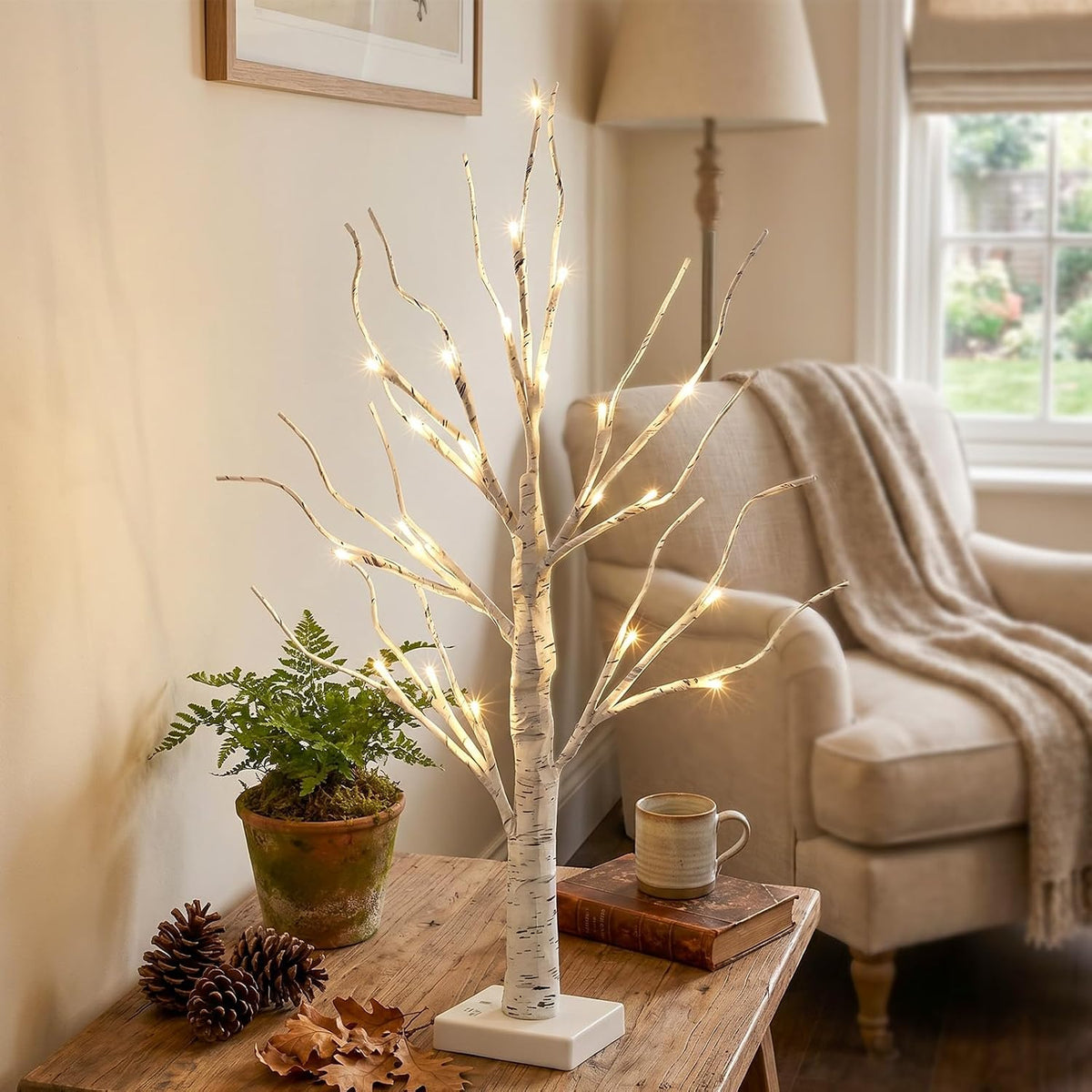 Christmas Tree Decorations, White Birch Tree with LED Lights- Set of 4, Warm White Small Tree Lights Battery Powered/USB, Timer Lighted Tree for Home Wedding Indoor Outdoor Decor (2 FT)