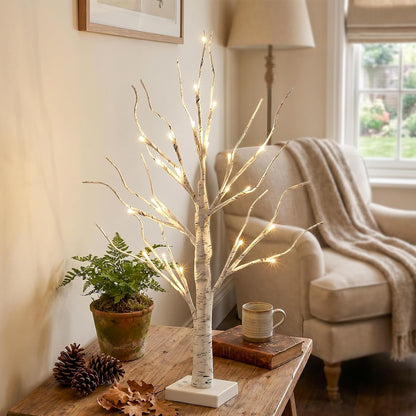 Christmas Tree Decorations, White Birch Tree with LED Lights- Set of 4, Warm White Small Tree Lights Battery Powered/USB, Timer Lighted Tree for Home Wedding Indoor Outdoor Decor (2 FT)