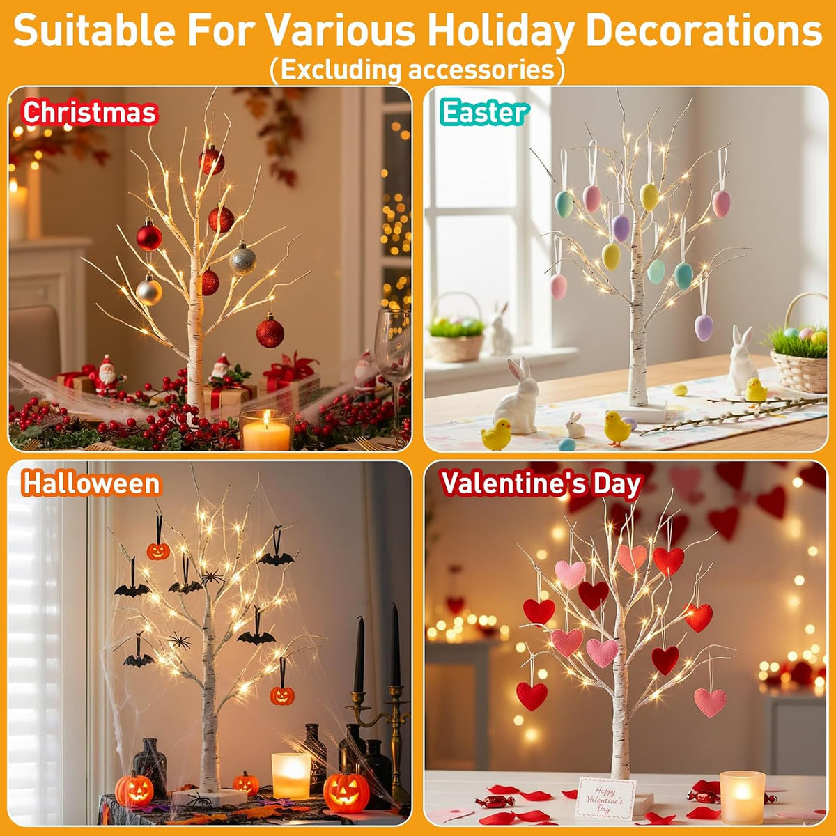 Christmas Tree Decorations, White Birch Tree with LED Lights- Set of 4, Warm White Small Tree Lights Battery Powered/USB, Timer Lighted Tree for Home Wedding Indoor Outdoor Decor (2 FT)