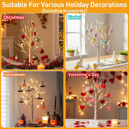 Christmas Tree Decorations, White Birch Tree with LED Lights- Set of 4, Warm White Small Tree Lights Battery Powered/USB, Timer Lighted Tree for Home Wedding Indoor Outdoor Decor (2 FT)