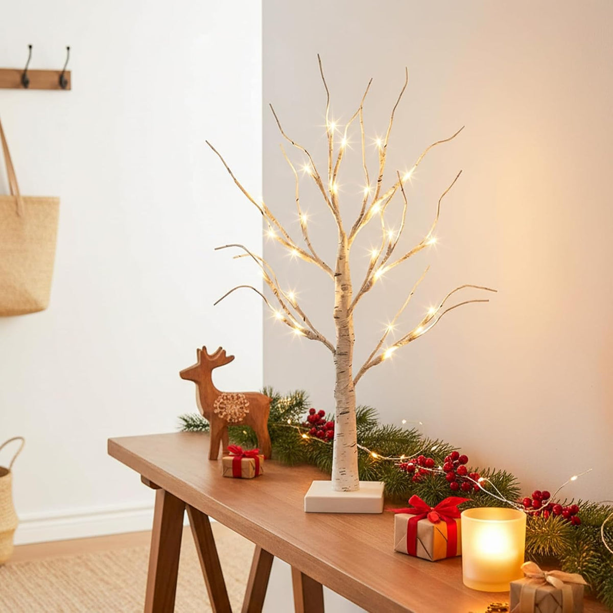 Christmas Tree Decorations, White Birch Tree with LED Lights- Set of 4, Warm White Small Tree Lights Battery Powered/USB, Timer Lighted Tree for Home Wedding Indoor Outdoor Decor (2 FT)