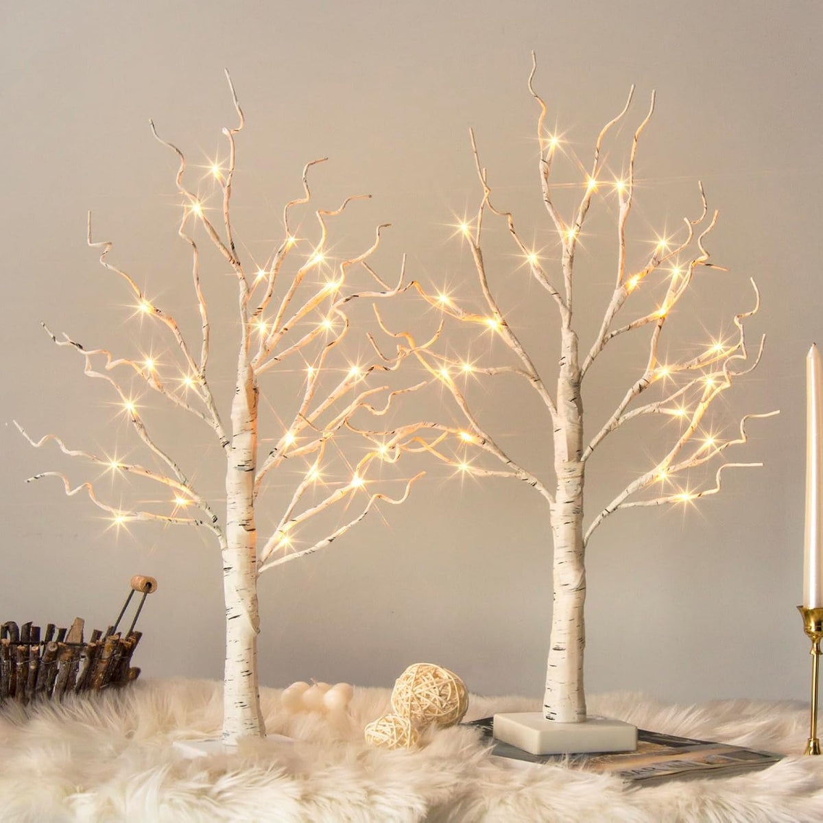 Christmas Tree Decorations, White Birch Tree with LED Lights- Set of 4, Warm White Small Tree Lights Battery Powered/USB, Timer Lighted Tree for Home Wedding Indoor Outdoor Decor (2 FT)