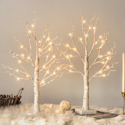 Christmas Tree Decorations, White Birch Tree with LED Lights- Set of 4, Warm White Small Tree Lights Battery Powered/USB, Timer Lighted Tree for Home Wedding Indoor Outdoor Decor (2 FT)